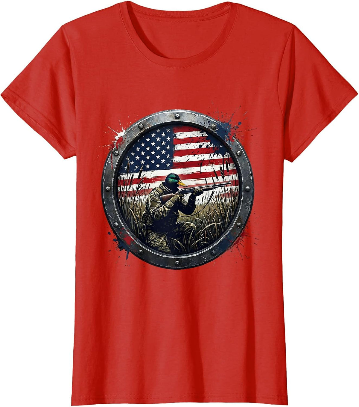 Camo Duck Hunter Crouching in Marsh Reeds T-Shirt - Red