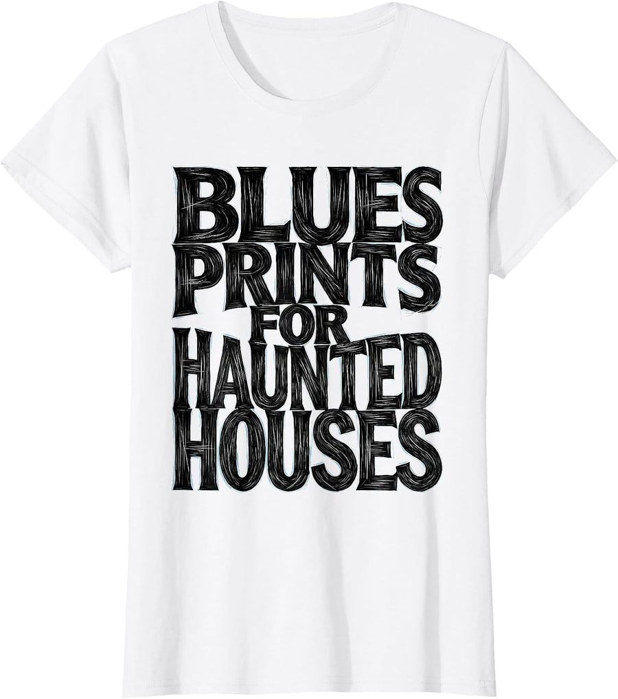 Women's Halloween Bat Architect Blueprint Haunted House T-Shirt - White