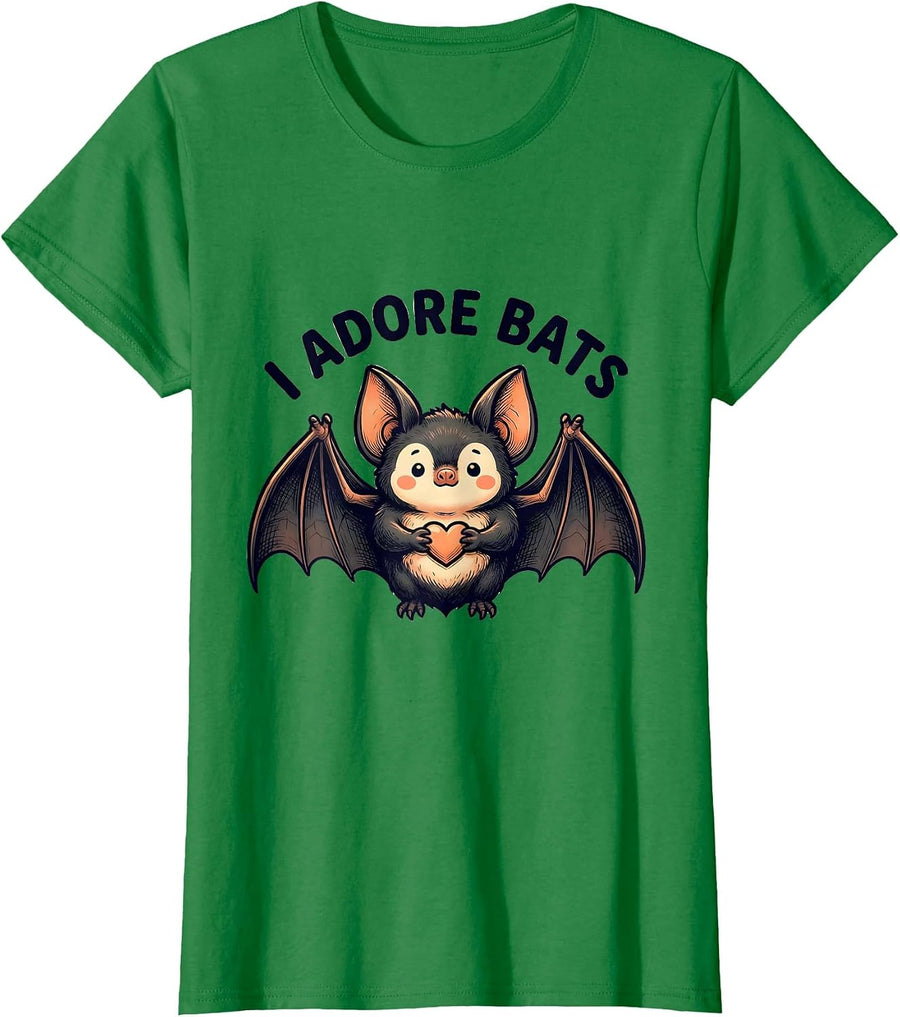 Women's I Adore Bats Cute Kawaii Bat Lover Halloween Wildlife T-Shirt - Kelly Green