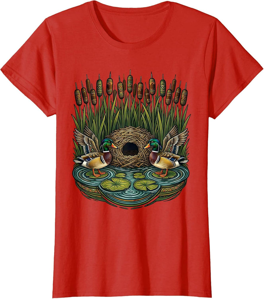 Women's Duck Blind Cattails Hidden Marsh Hunting Illustration T-Shirt - Red