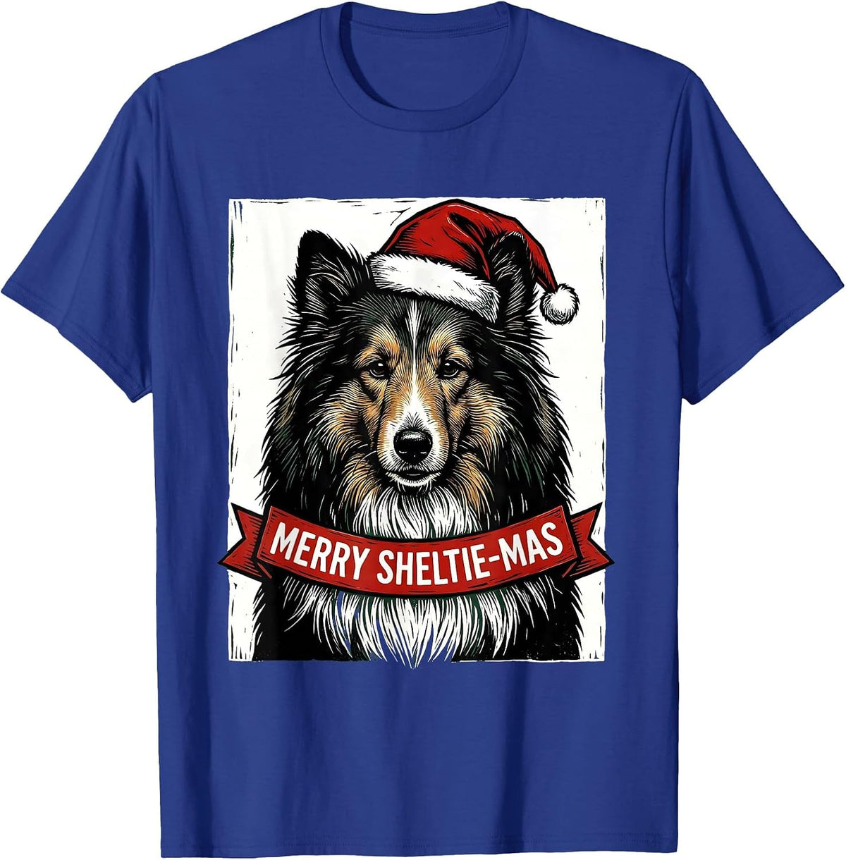 Merry Sheltie-mas Linocut Christmas Dog Breed Humor T-Shirt - Royal Blue