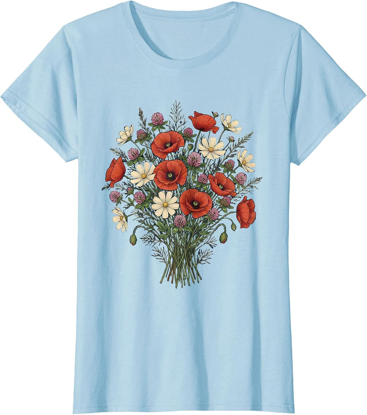 Women's Red White and Blue Wildflower Cluster Illustration T-Shirt - Baby Blue