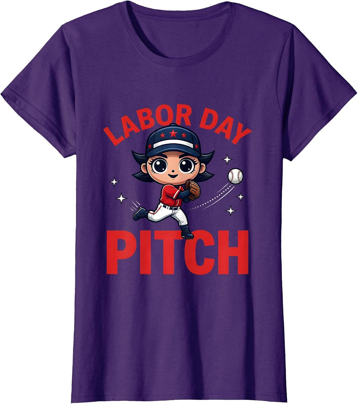 Women's LABOR DAY PITCH Funny Baseball Player Fourth Of July T-Shirt - Purple