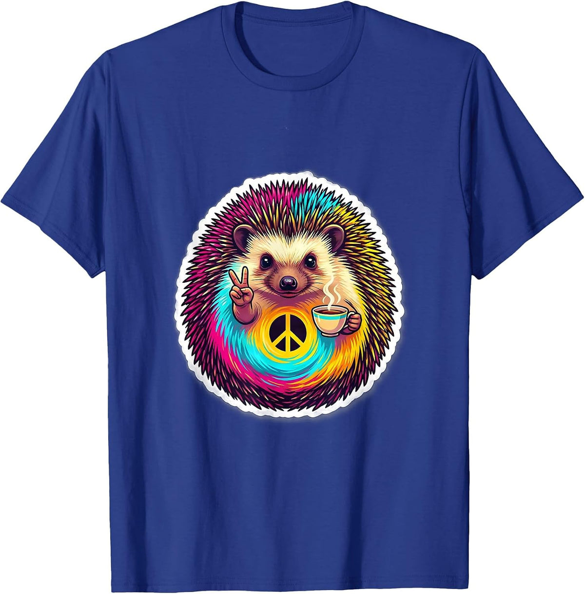 Hedgehog Peace Sign Tie-Dye Hippie Retro Groovy T-Shirt - Royal Blue