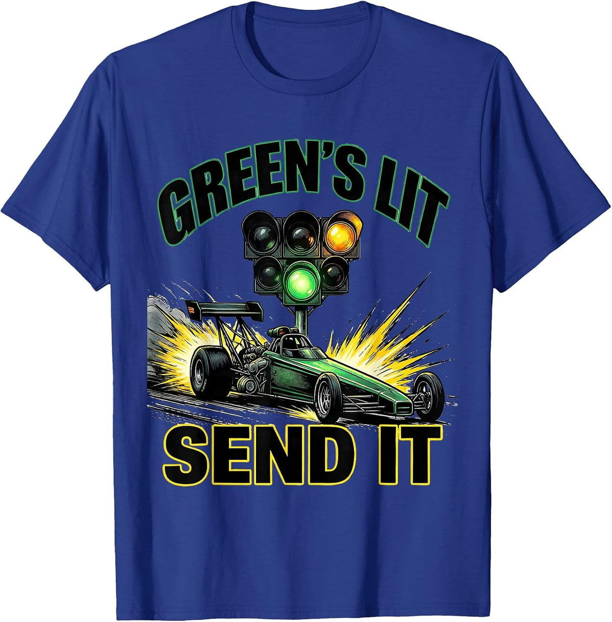 Green's Lit Send It Comic Book Drag Racing Humor T-Shirt - Royal Blue