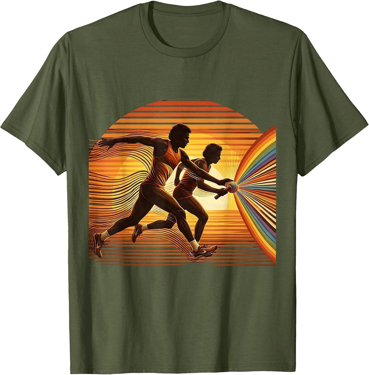 Men's Track Relay Baton Pass Sprinter Illustration T-Shirt - Olive Green