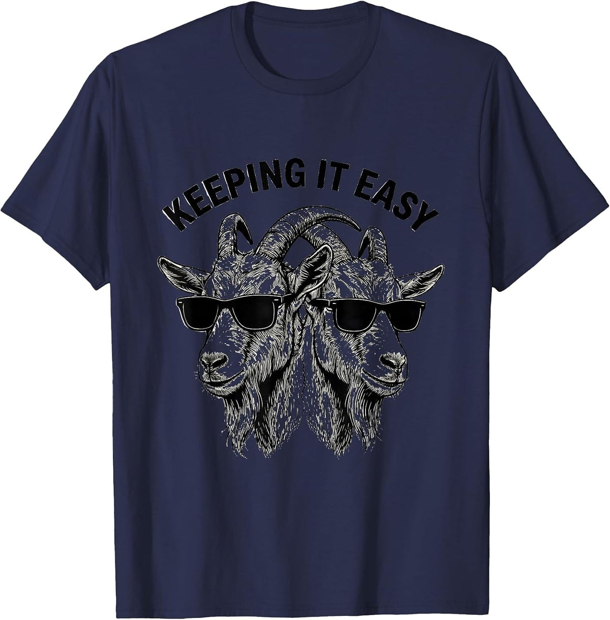 Keeping It Easy Line Art Cool Goat with Sunglasses Animal T-Shirt - Navy Blue