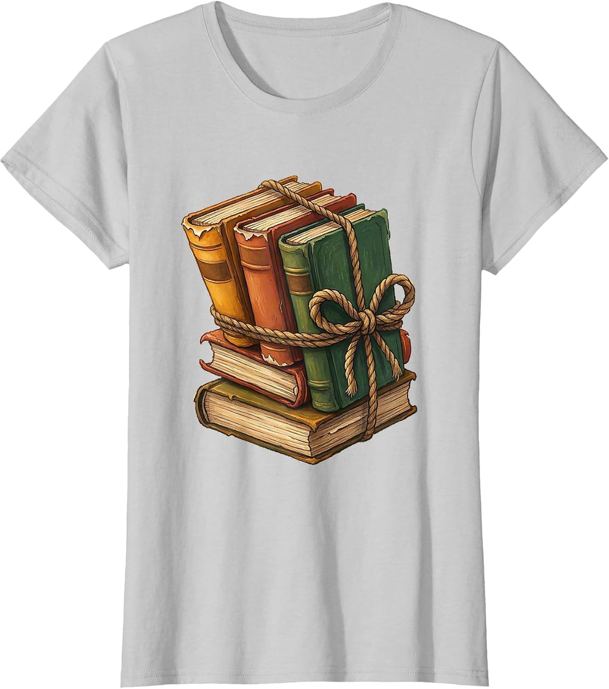Stack of Books Tied With Rope Illustration T-Shirt - Silver Grey