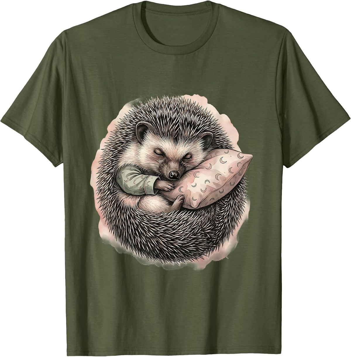 Sleeping Hedgehog Watercolor Cozy Pajama Portrait T-Shirt - Olive Green