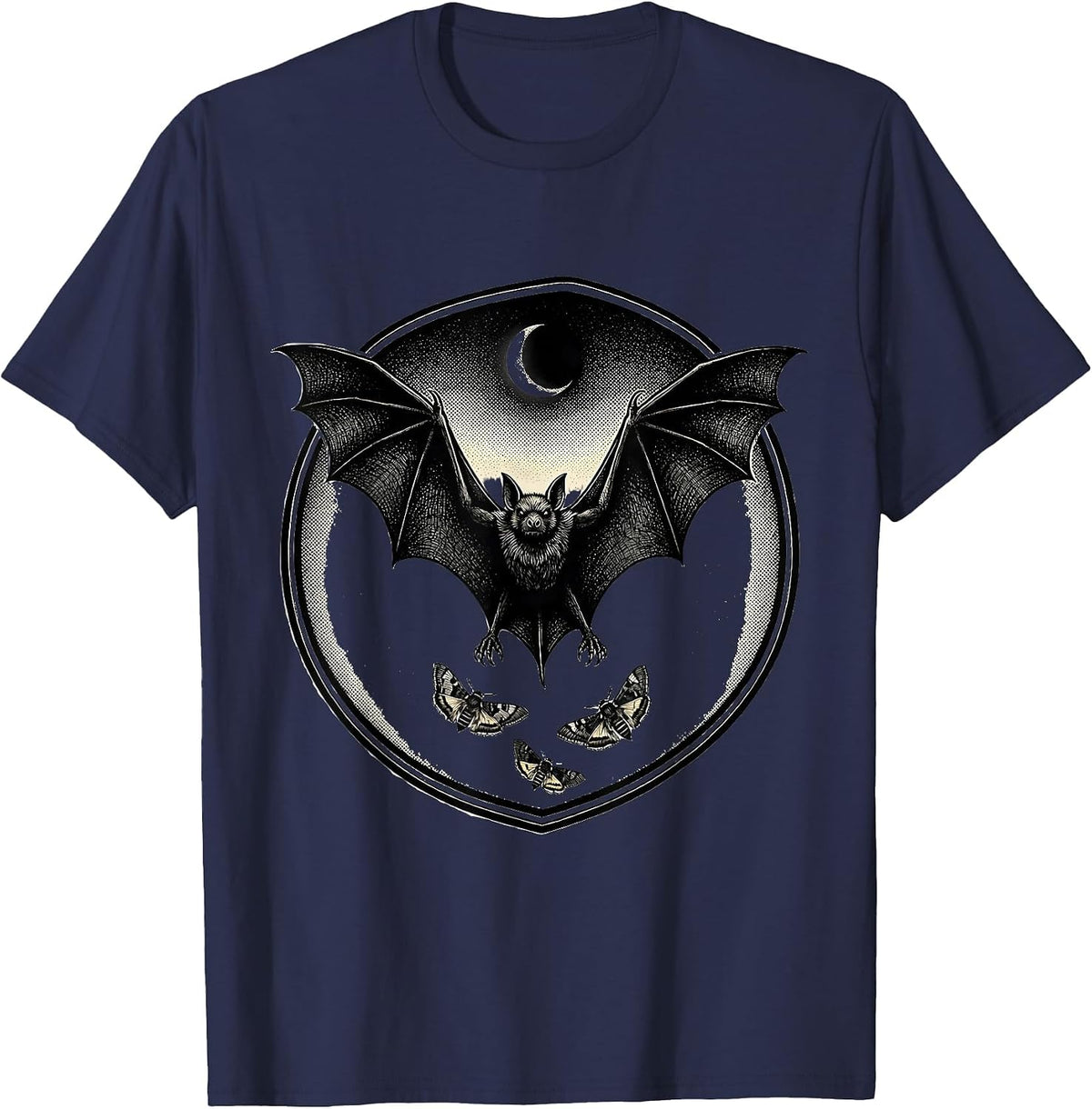 Circular Bat Shield Blackwork Dotwork Gothic Bat Lover T-Shirt - Navy Blue