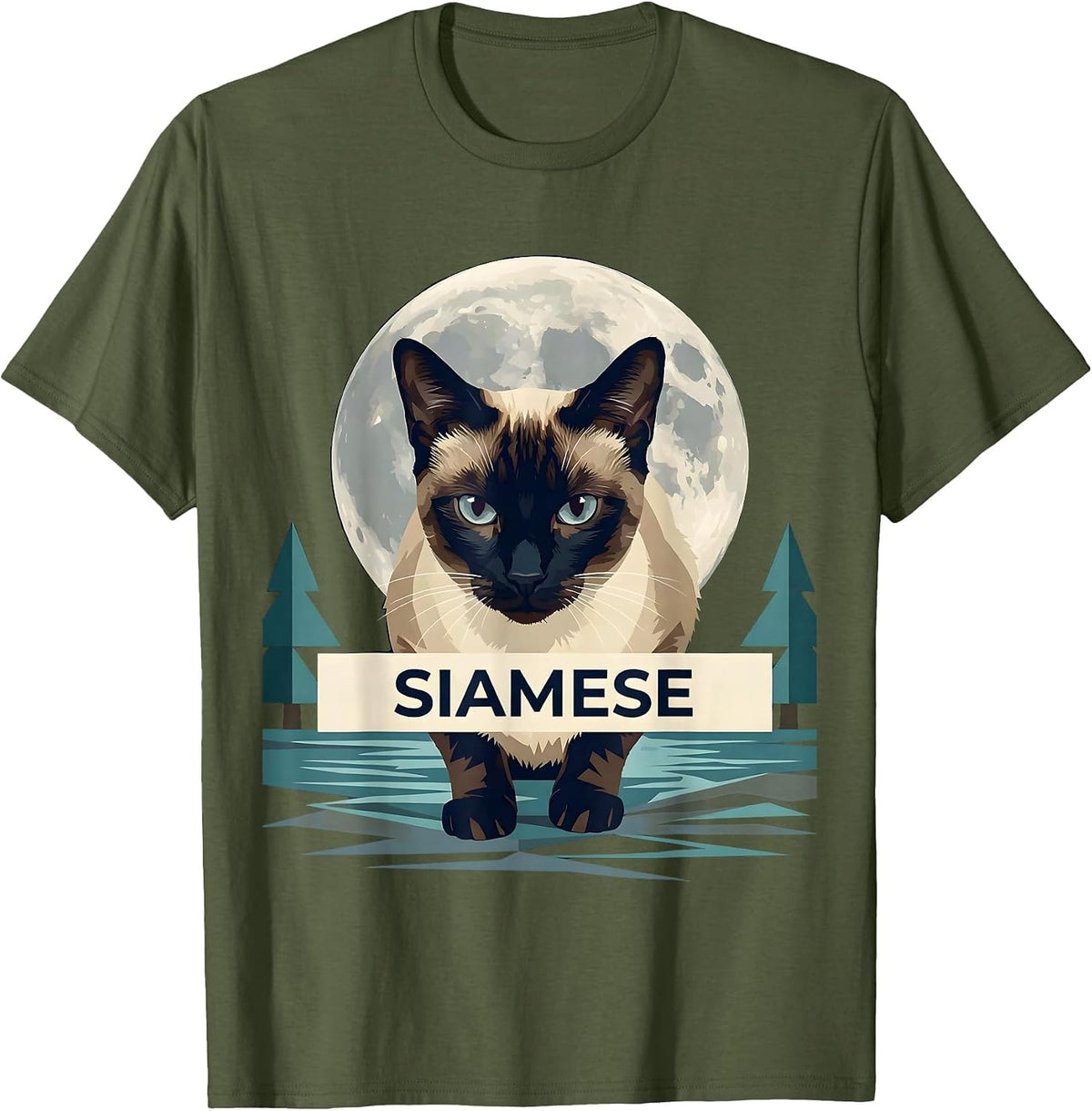 Men's Siamese 90's Retro Moonlit Cat Breed Portrait Vintage T-Shirt - Olive Green
