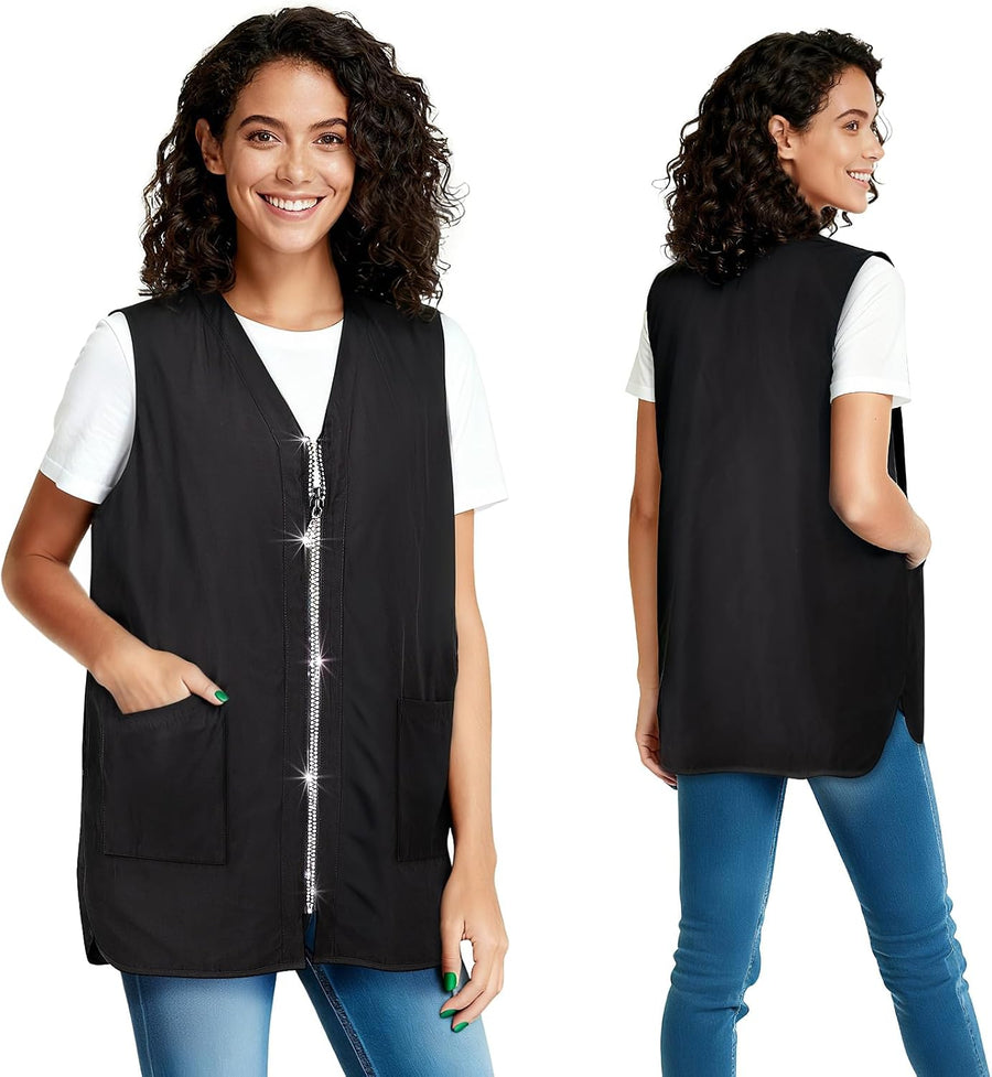 Noverlife Glitz Rhinestone Closure Stylist Vest, Hair Against V-Neckline Baber Smock Zip Up Vest with 2 Front Pockets for