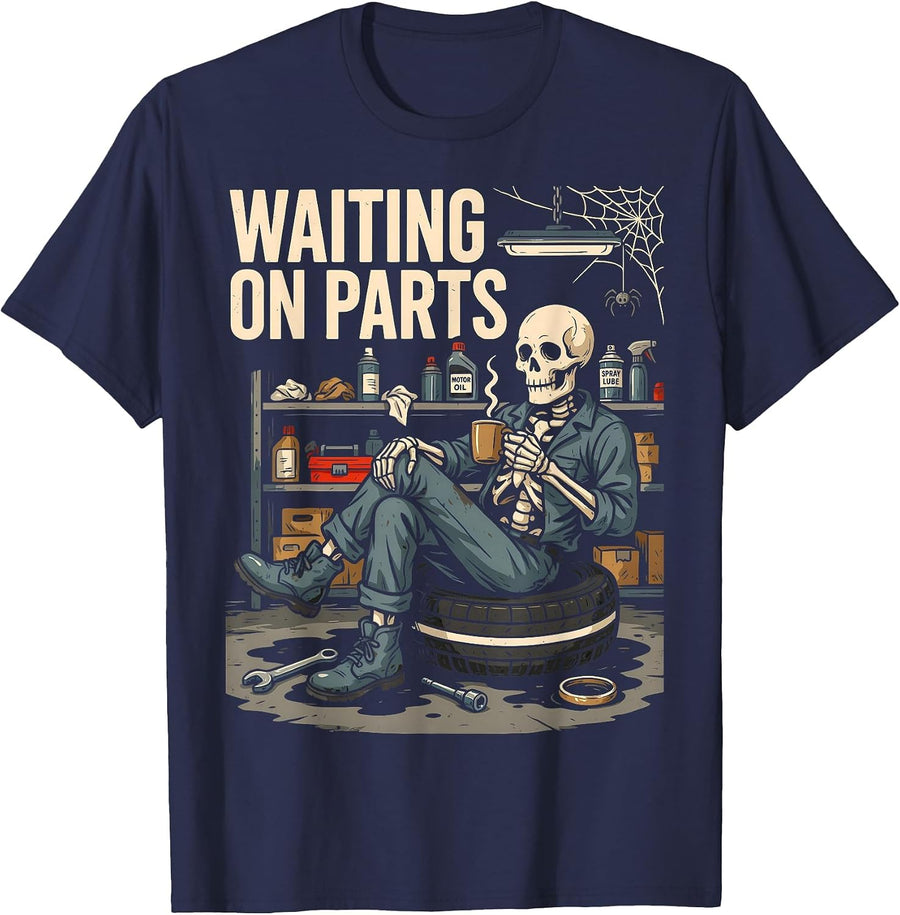 Mechanic Men Auto Repair Waiting on Parts Car Technician T-Shirt - Navy Blue