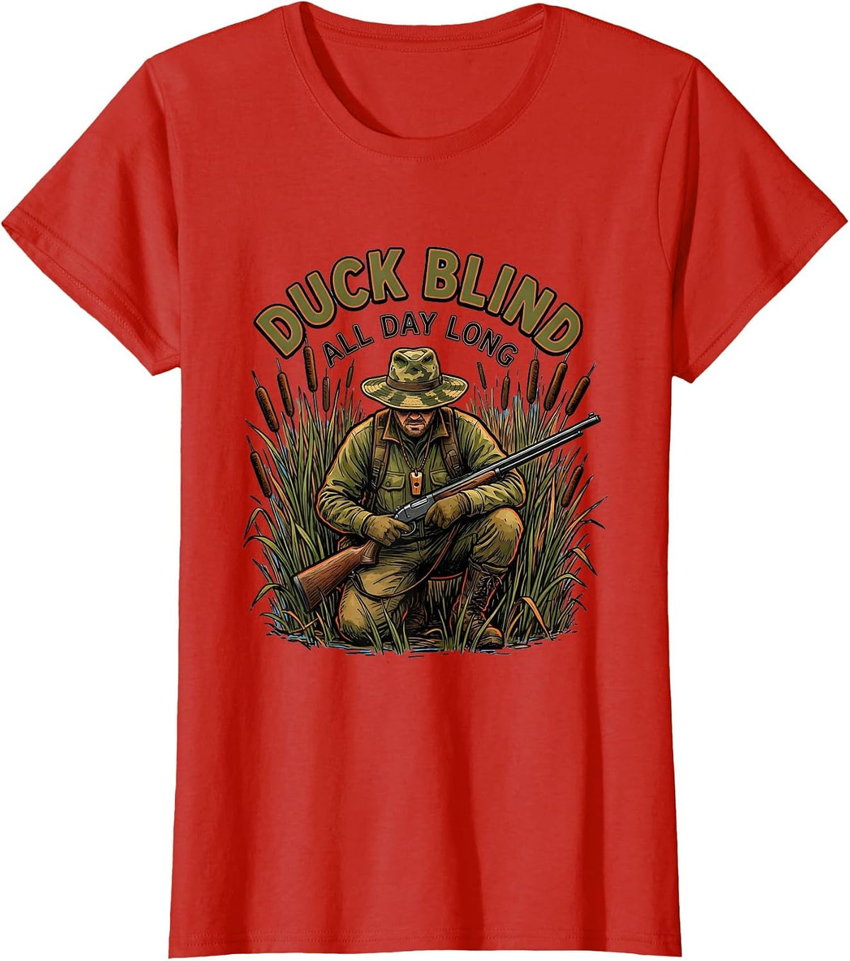 Women's Duck Blind All Day Long Hunting Design T-Shirt - Red
