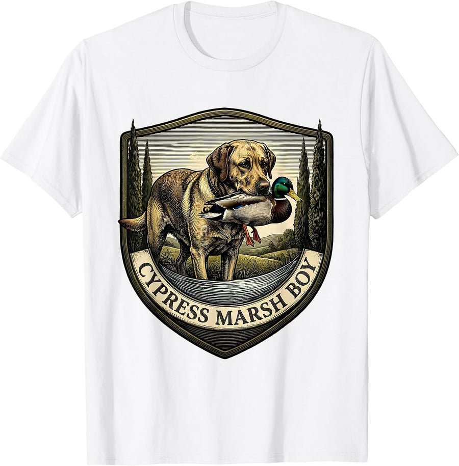 Men's Cypress Marsh Boy Vintage Labrador Retriever Duck Hunting T-Shirt - White