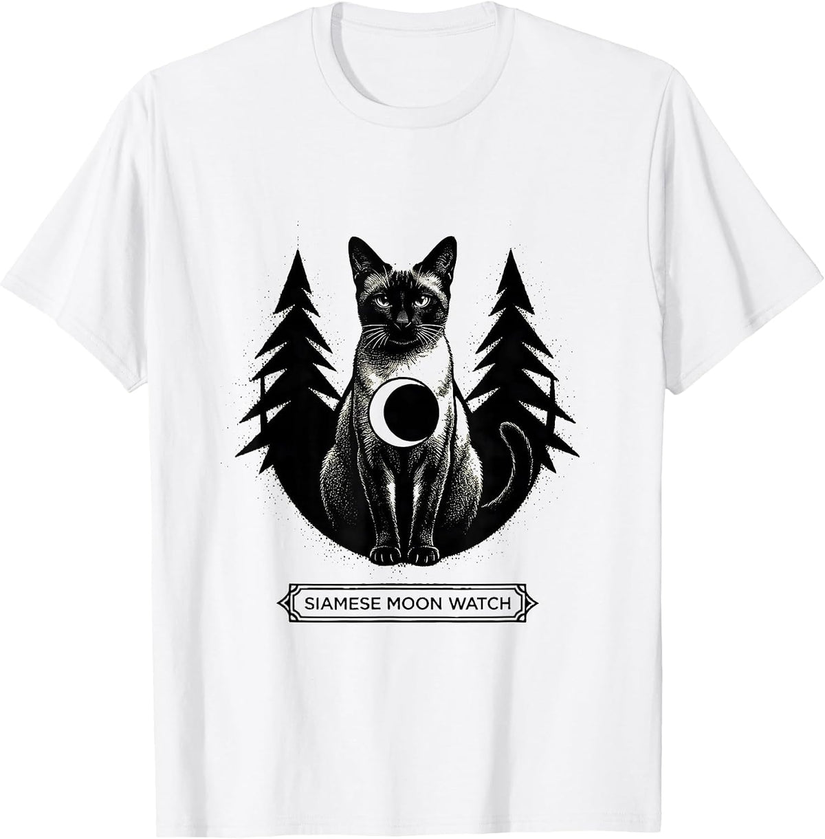 Men's Siamese Moon Watch Blackwork Dotwork 90s Retro Cat Lover T-Shirt - White