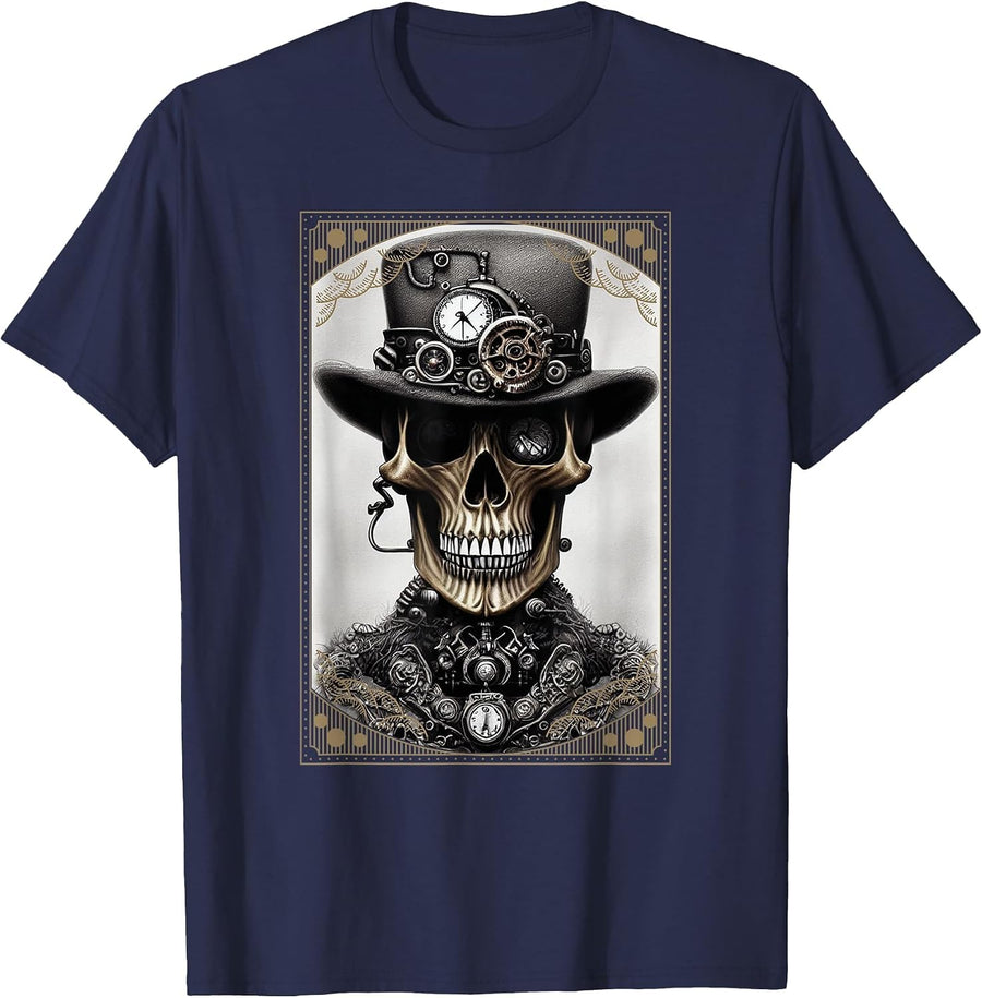 Punk Rock Steampunk Vintage Skull Gears Goth T-Shirt - Navy Blue