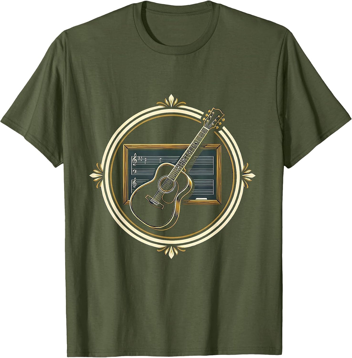 Men's Acoustic Guitar Chalkboard Music Teacher Gift T-Shirt - Olive Green