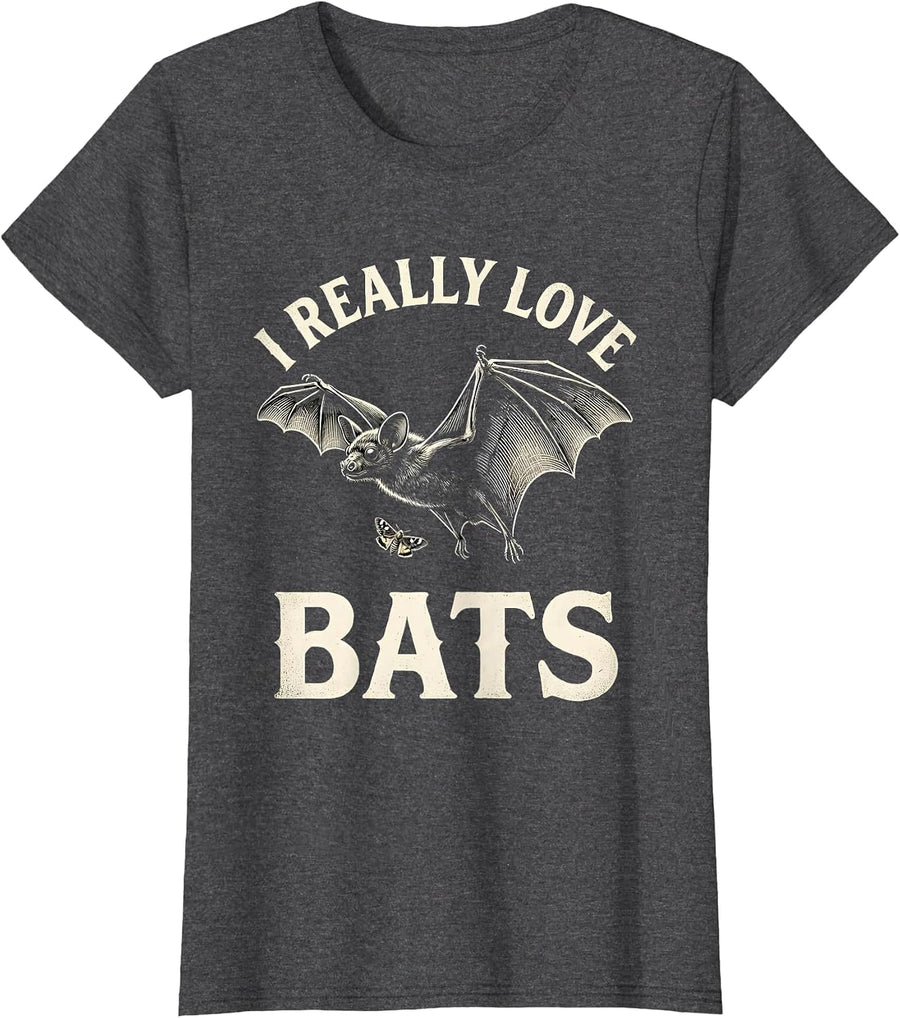 Women's I Really Love Bats Vintage Bat Lover Halloween Nature T-Shirt - Dark Heather Grey