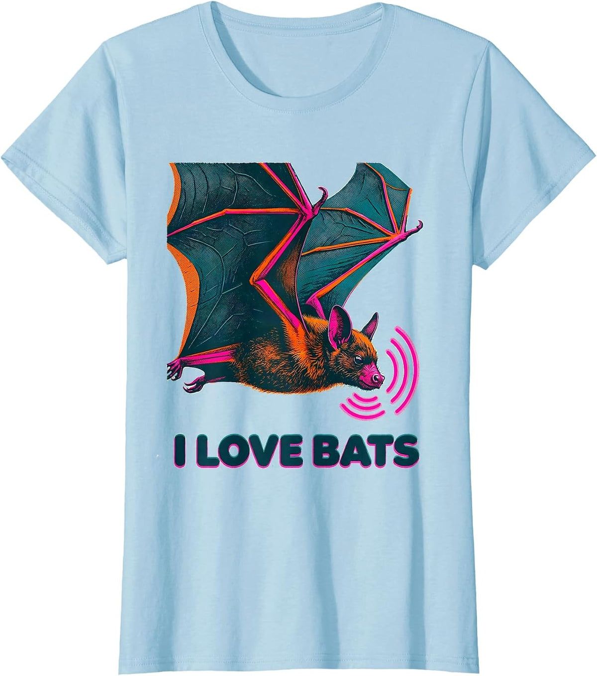 I Love Bats Risograph Bat Lover Wildlife Conservation T-Shirt - Baby Blue