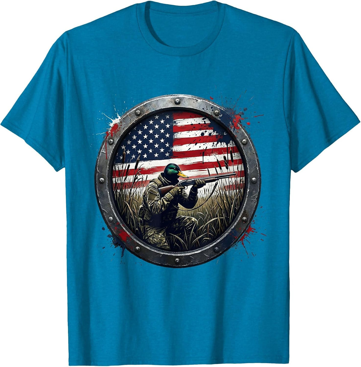 Camo Duck Hunter Crouching in Marsh Reeds T-Shirt - Sapphire Blue