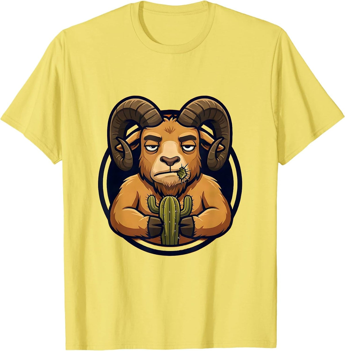 Men's Unfazed Goat Eating Cactus Funny Animal T-Shirt - Lemon Yellow