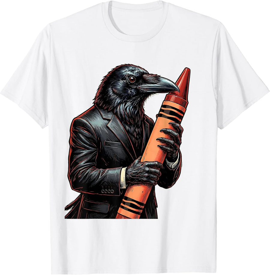 Men's Crow in Suit Holding Crayon Funny Adult Art T-Shirt - White