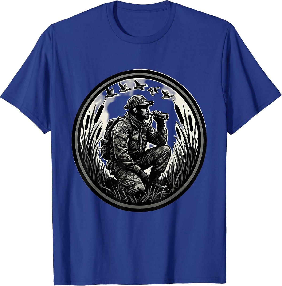 Duck Hunter Camo Waterfowl Calling Illustration T-Shirt - Royal Blue