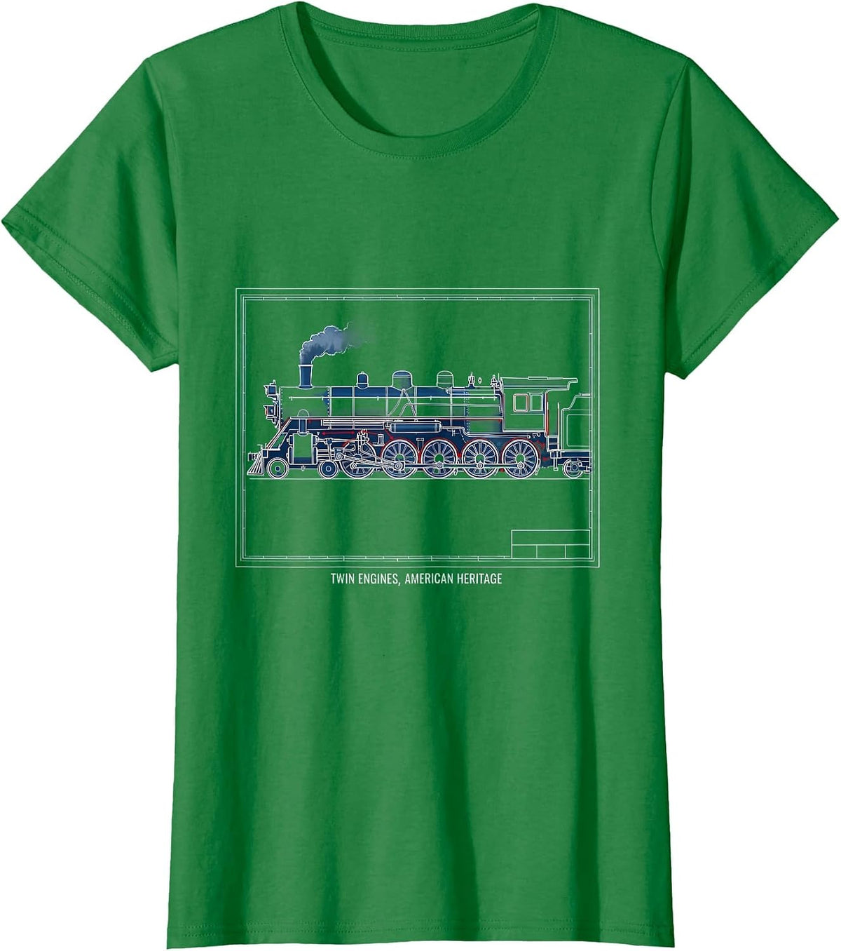 Women's Twin Engines, American Heritage Steam Locomotive Enthusiast T-Shirt - Kelly Green