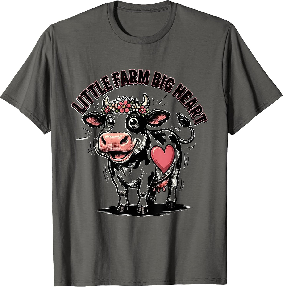 Little Farm Big Heart Cow Lover Design T-Shirt - Asphalt Grey