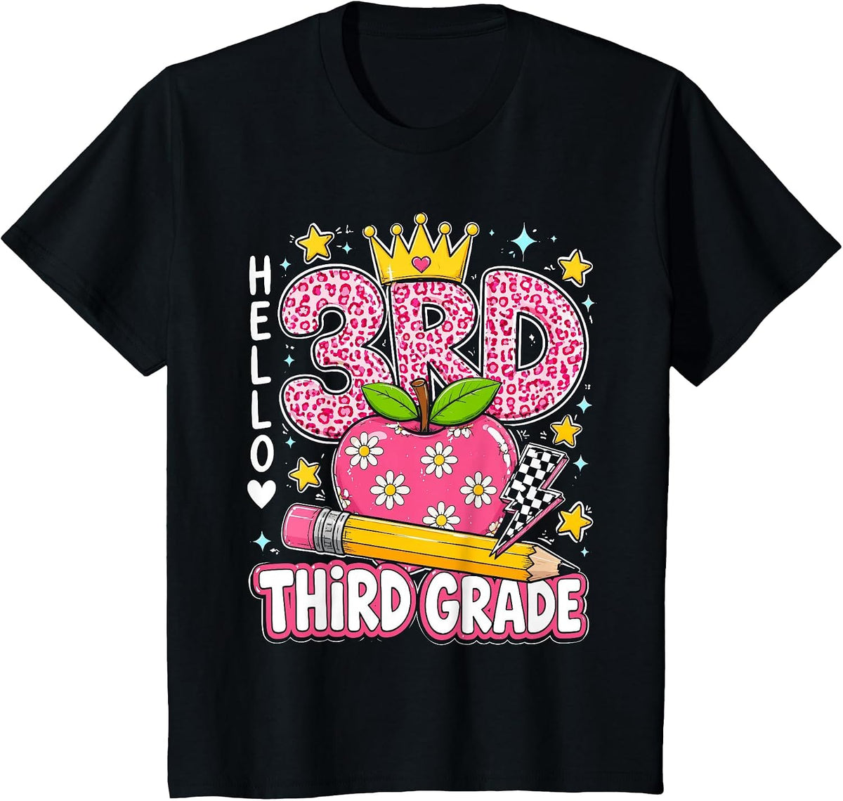 Hello Third Grade Back to School Pink Leopard Teacher Girl T-Shirt - Black