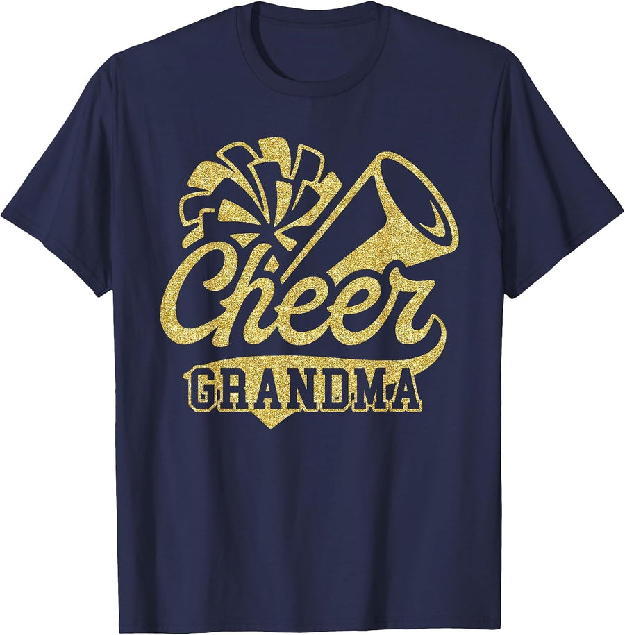 Cheer Grandma Biggest Fan Black Yellow Gold Pom Pom T-Shirt - Navy Blue