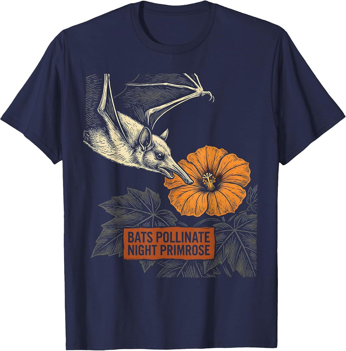 Bats Pollinate Night Primrose Linocut Gothic Bat Lover T-Shirt - Navy Blue