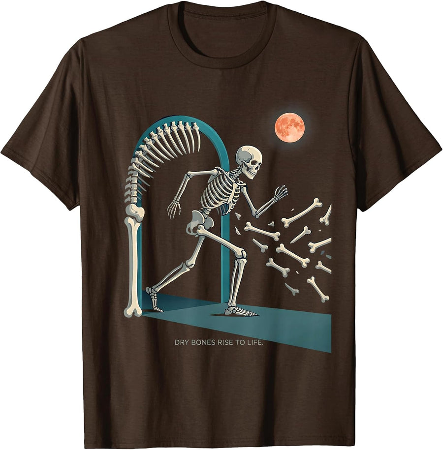Dry Bones Rise To Life Faith-Based Halloween Skeleton Humor T-Shirt - Brown