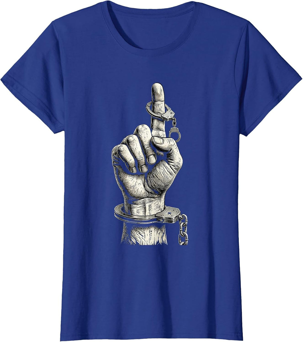 Women's Handcuffs Dangling Finger Law Enforcement Graphic T-Shirt - Royal Blue