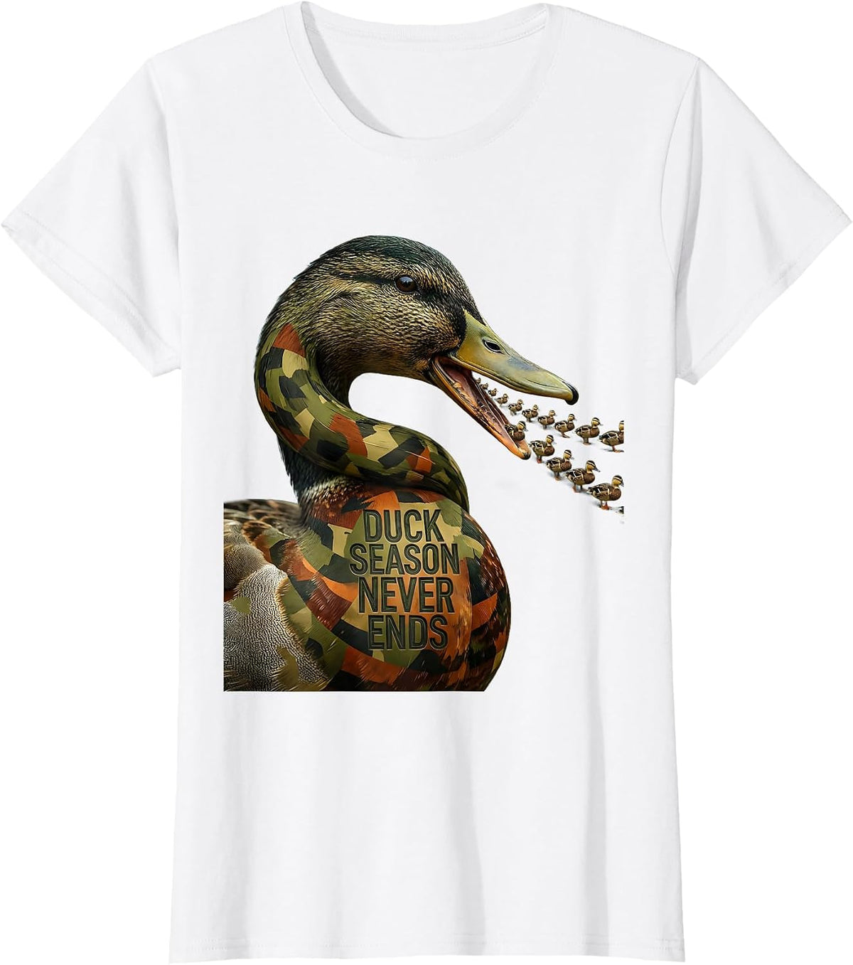 Women's Duck Camo Duck Season Never Ends Design T-Shirt - White