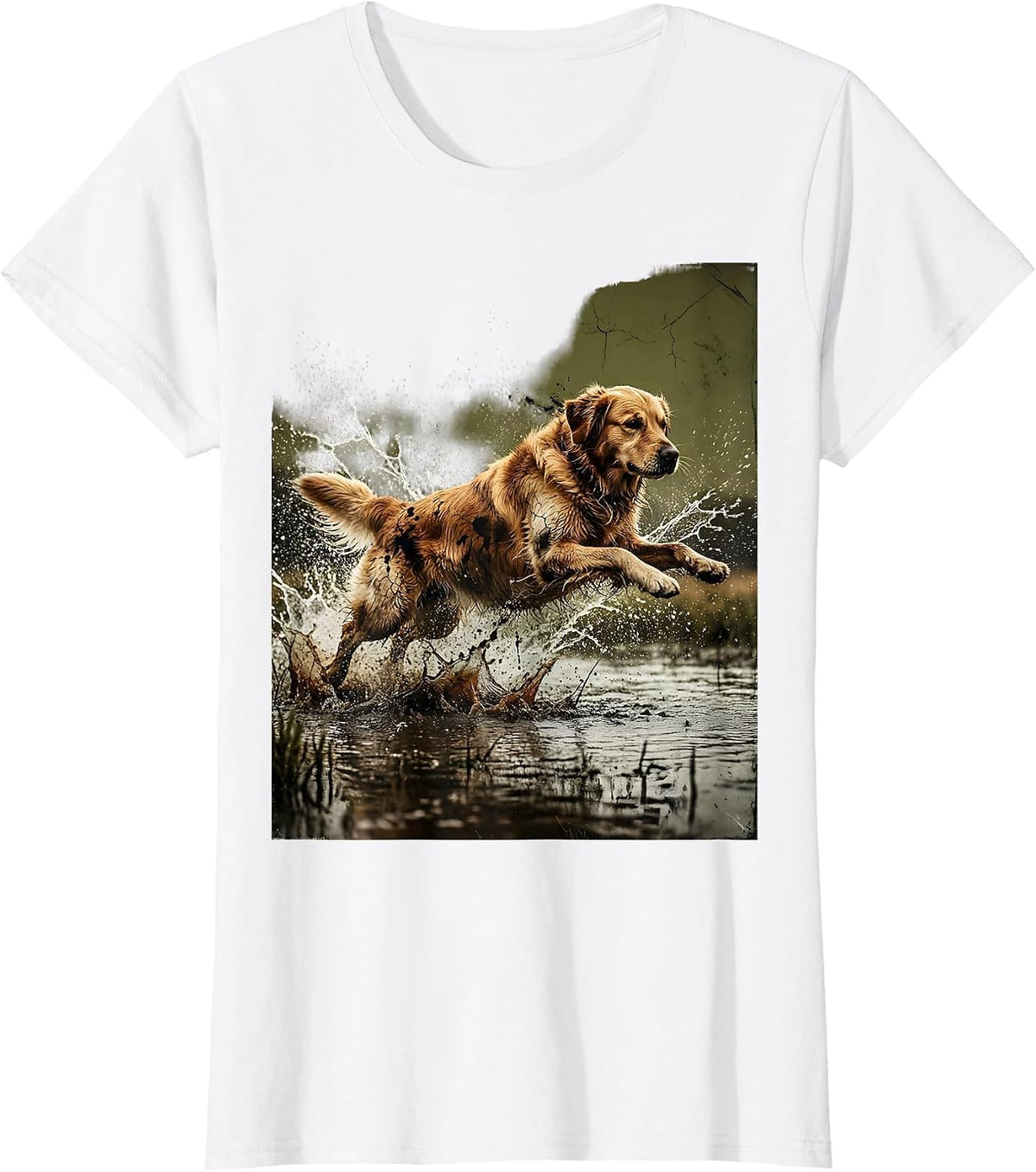 Women's Camo Duck Hunter Retriever Leaping Into Water T-Shirt - White