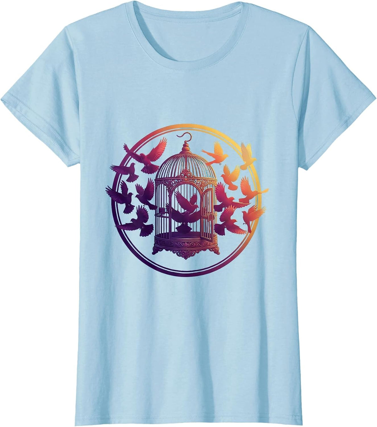 Neurodiversity Open Birdcage Birds Flying Free Art T-Shirt - Baby Blue