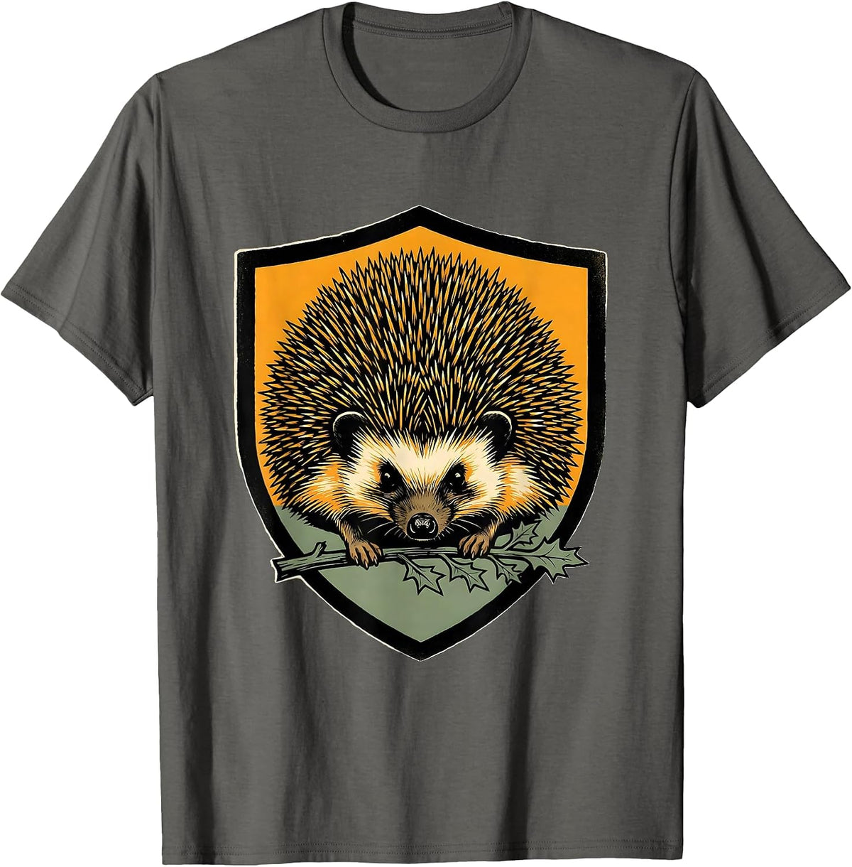 Hedgehog Shield Badge Cute Animal Lover Gift T-Shirt - Asphalt Grey
