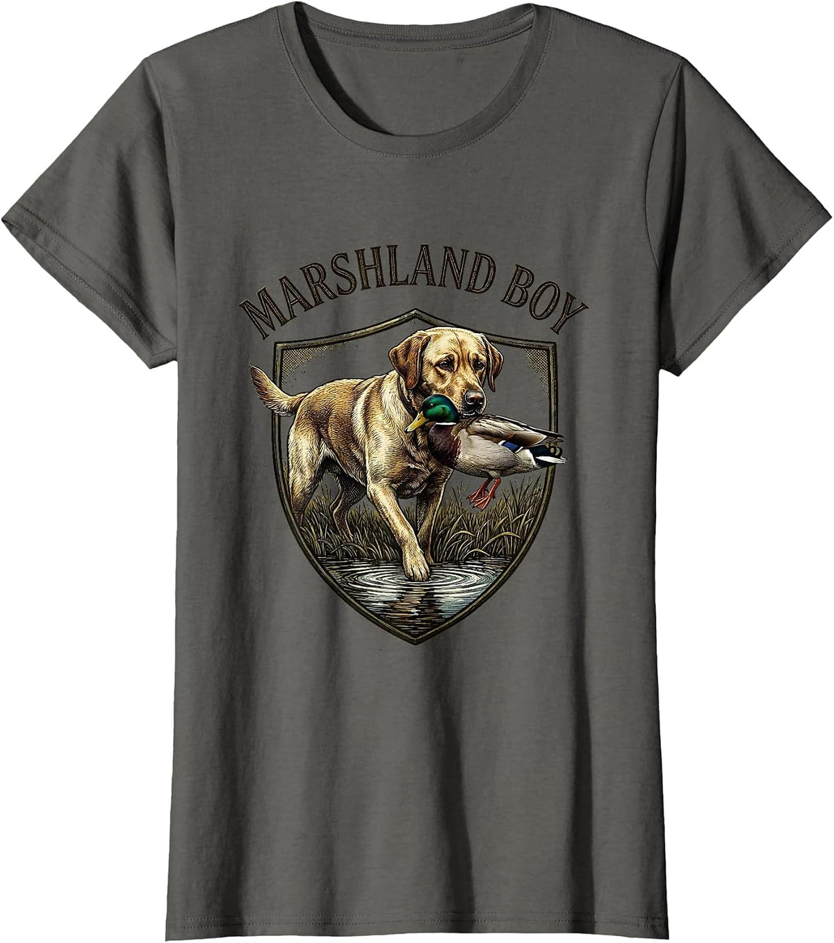 Women's Marshland Boy Vintage Emblem Labrador Duck Hunting Rural T-Shirt - Asphalt Grey