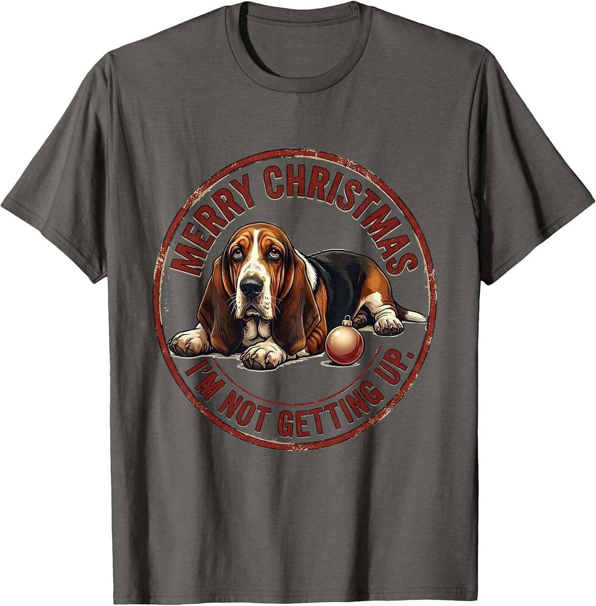 Merry Christmas I'm Not Getting Up Funny Basset Hound Dog T-Shirt - Asphalt Grey