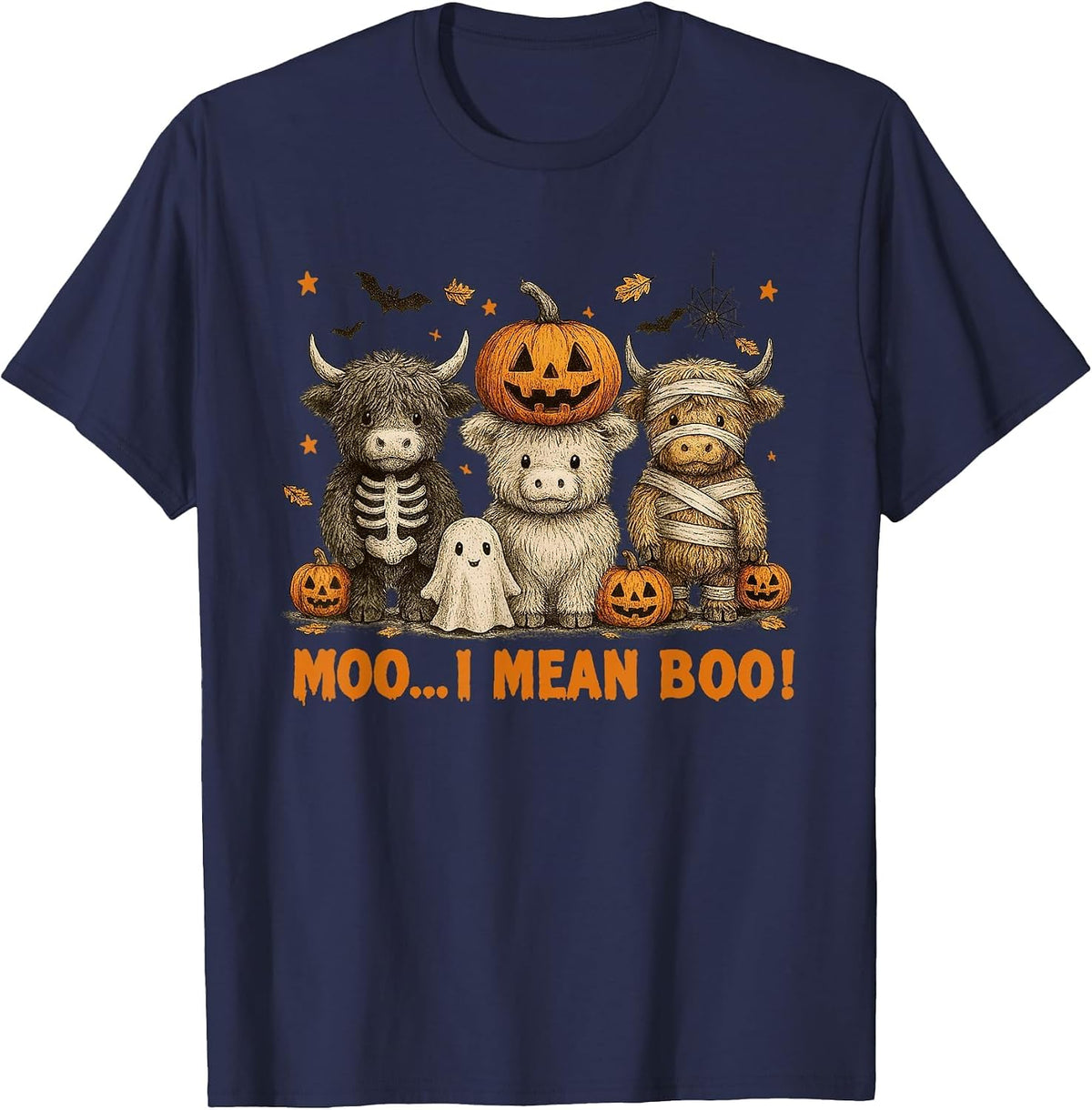 Ghost Cow Moo I Mean Boo Halloween Outfit Funny Cow Lover T-Shirt - Navy Blue