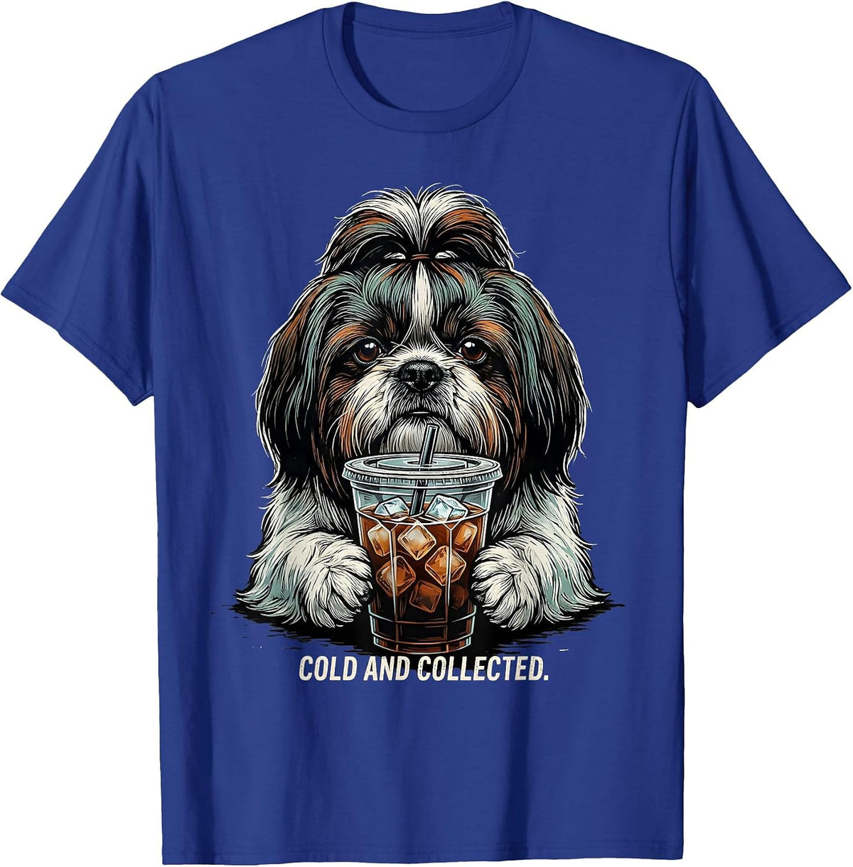 Men's Cold And Collected Linocut Shih Tzu Drinking Iced Coffee T-Shirt - Royal Blue