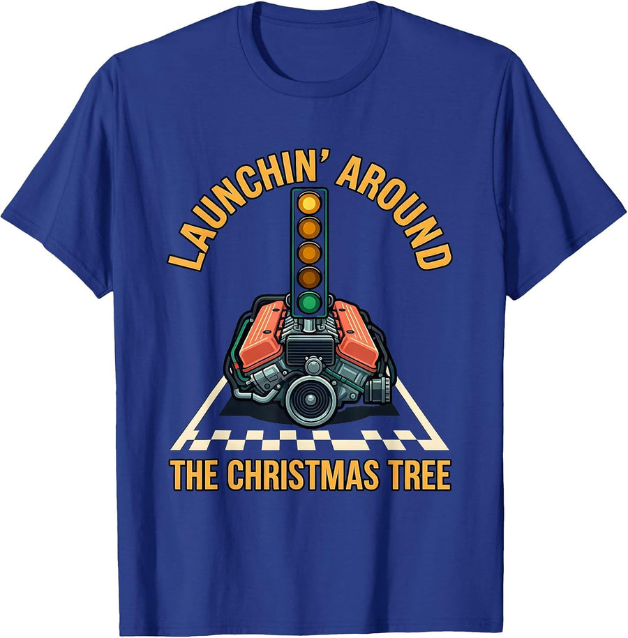 Launchin Around The Christmas Tree Funny Muscle Car Drag T-Shirt - Royal Blue