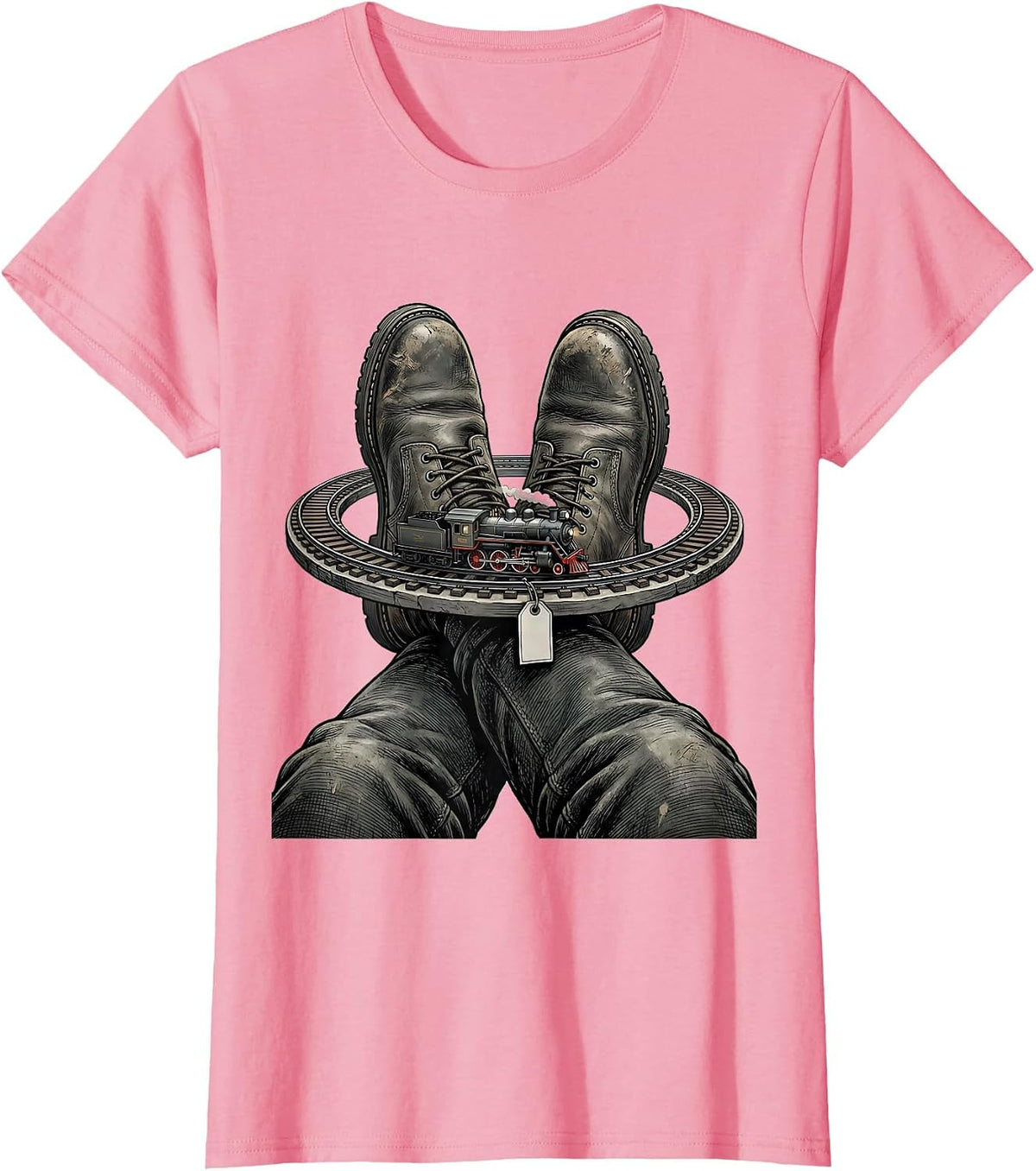 Women's Work Boots Steam Train Locomotive Train Enthusiast Humor T-Shirt - Pink
