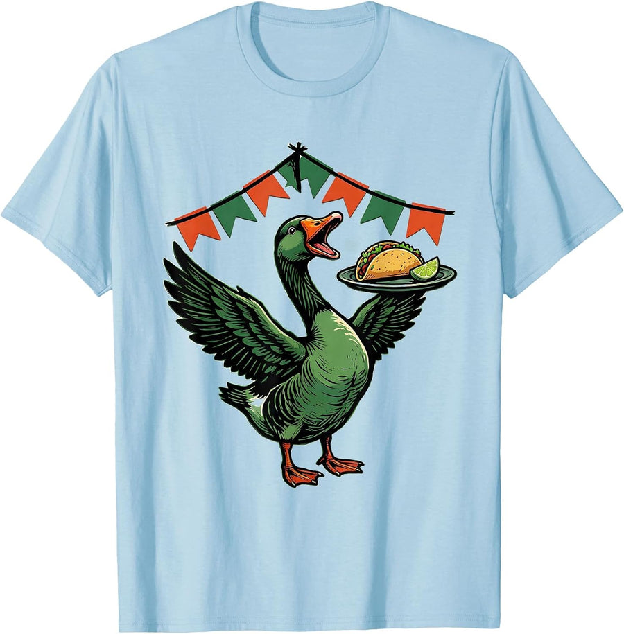 Men's Cheerful Goose Fiesta Taco Pun Cinco De Mayo T-Shirt - Baby Blue