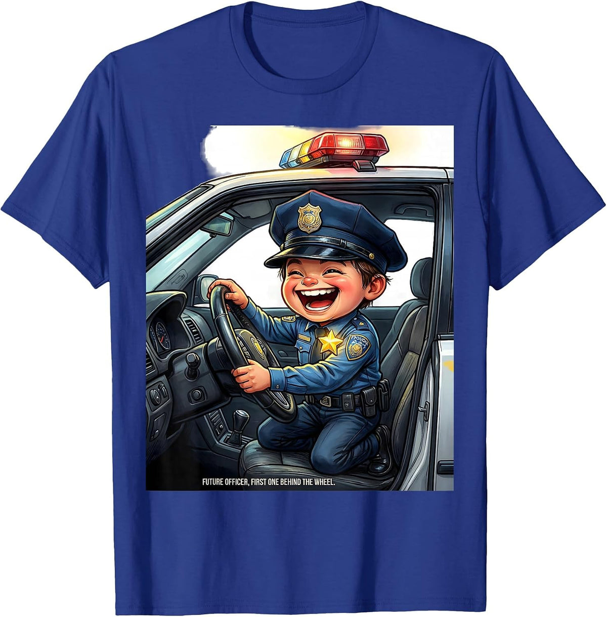 Future Officer, First One Behind The Wheel Cartoon T-Shirt - Royal Blue