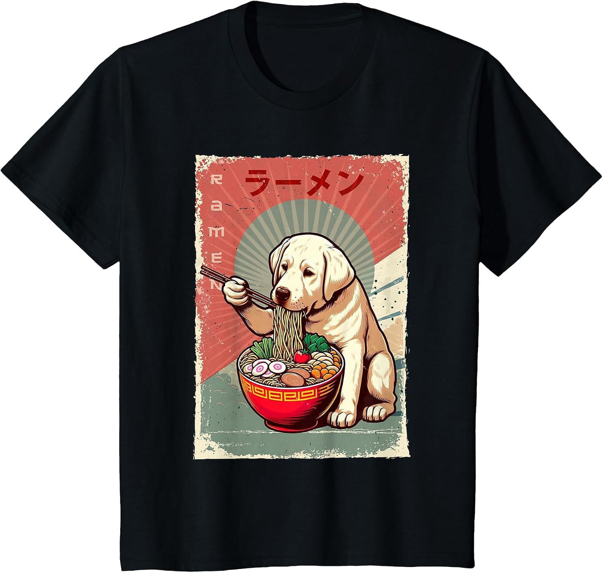 Labrador Dog Eating Ramen Japanese Noodles Soup T-Shirt - Black