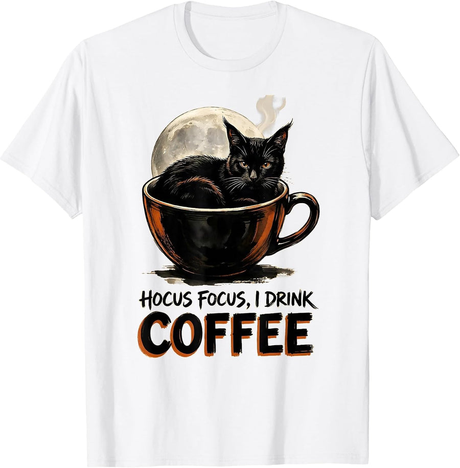 Men's Hocus Focus I Drink Coffee Funny Witch Cat Halloween Teacher T-Shirt - White