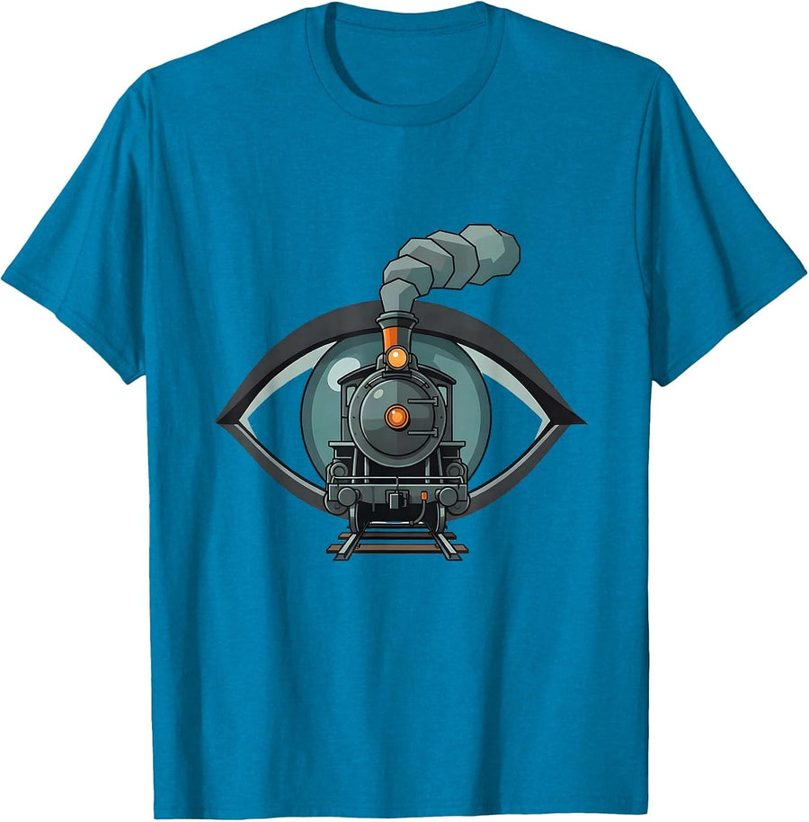 Geometric Eye Steam Locomotive Train Enthusiast Retro T-Shirt - Sapphire Blue
